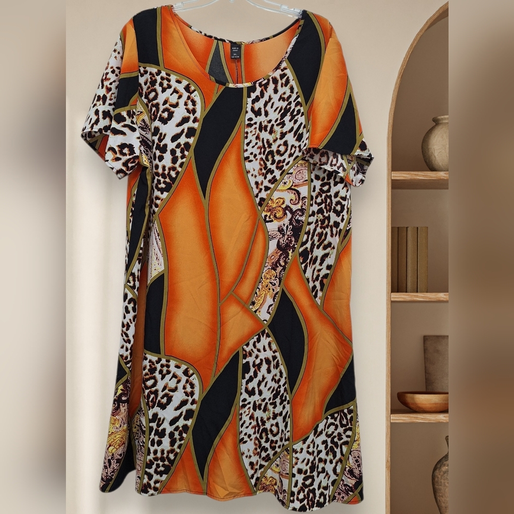 Vibrant Orange & Leopard Print Short Sleeve Dress SZ 3X